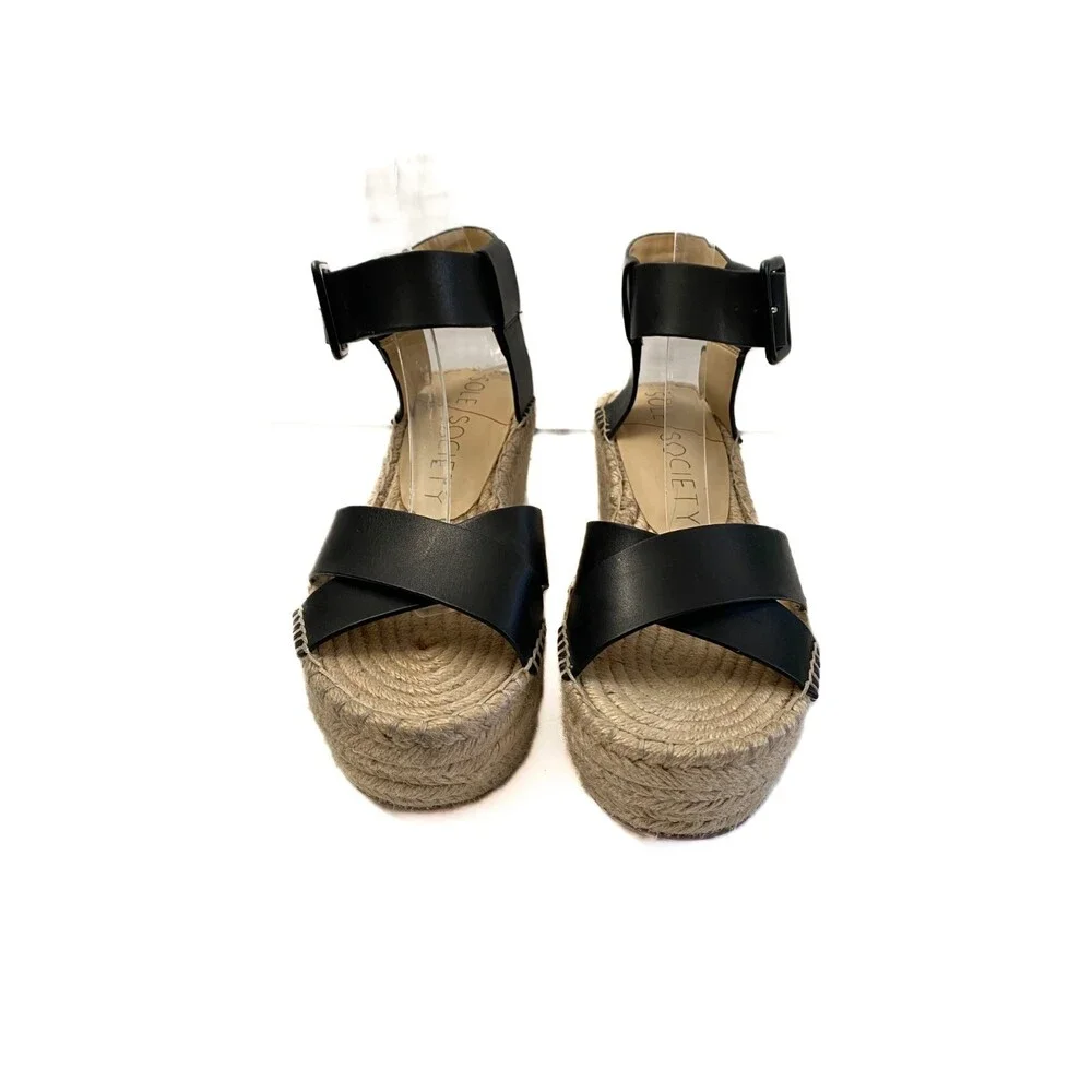 SOLE SOCIETY Audrina Black Leather Espadrille Platform Strappy Sandal Size 7.5